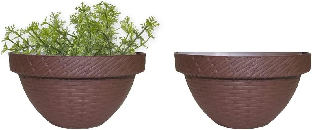 Elly Dcor Set of Two 10 in Wall Planters, Wall-Mounted Planters Made of Durable Plastic with A Rattan Appearance in Chocolate Color, Hanging Planter for Trailing Plants, for Indoor and Outdoor Use