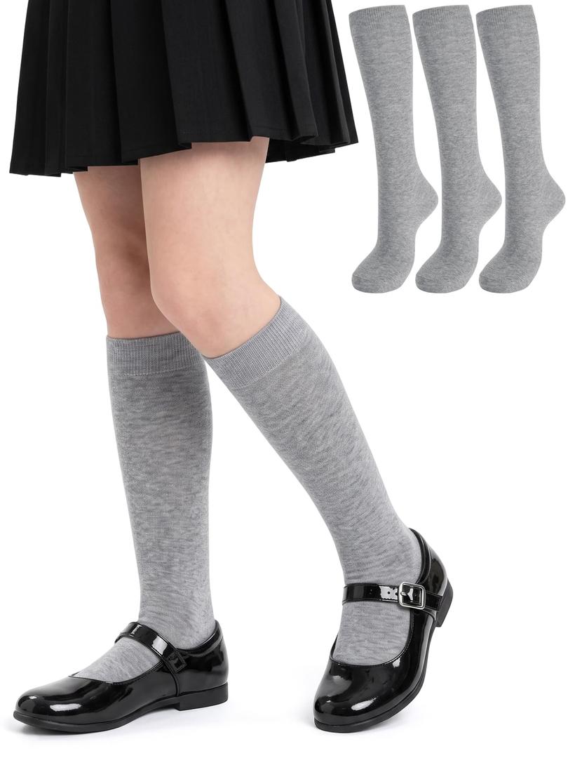 Airpal 3 Pairs Kids Girls Knee High Socks Cotton Uniform School Dress Socks Seamless Toe (Black,Grey,Navy, 9-11)