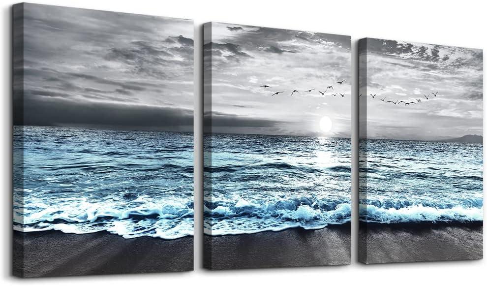 DZRWUBHS Large 3 Piece Framed Canvas Wall Art for Living Room, Office, Bedroom - Modern Home Decor Black and White Beach Painting Blue Ocean Sea Wave Pictures Artwork, 20x28 inches 