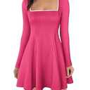 Lrady Womens Square Neck Bodice Dress Long Sleeve Flare A Line Club Party Mini Ruffle Swing Short Dresses, Hot Pink, Medium