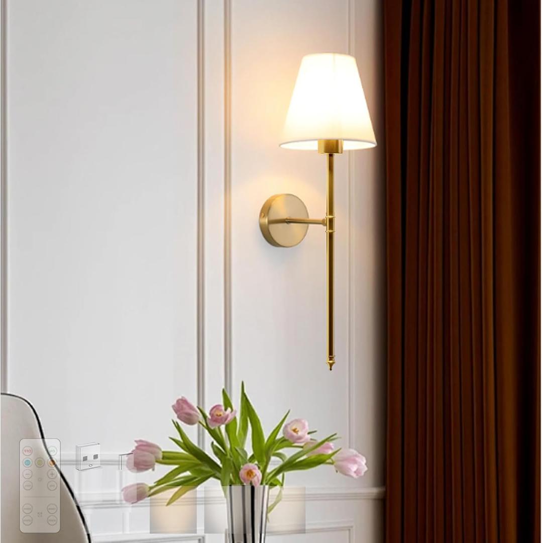 Battery Operated Wall Sconce with Remote Control Wall Lights USB Rechargeable Bulbs Wall Lamp Fabric Iron Three Colours Dimmable for Bedroom Living Room Hallway (1 Pack, Gold)