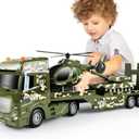 Dwi Dowellin Green Military Big Truck Toys,25.6" Semi Truck Toy with Helicopters and Tank,Army Toys with Lights & Sounds,Birthday Gift for 2 3 4 5 Years Old Boys and Girls