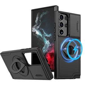 ANNGELAS for Samsung Galaxy S23 Ultra Mag Safe Kickstand Case with Slide Camera Cover,Slim Shockproof Military Heavy Duty Anti Drop Full Body Protection,360 Rotating Stand Magnetic Phone Case(Black)