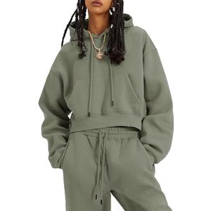 Flygo Womens Fleece 2 Piece Outfits Sweatsuit Crop Pullover Sweatshirt Joggers Pants Tracksuit Set (Medium, Grey Green)