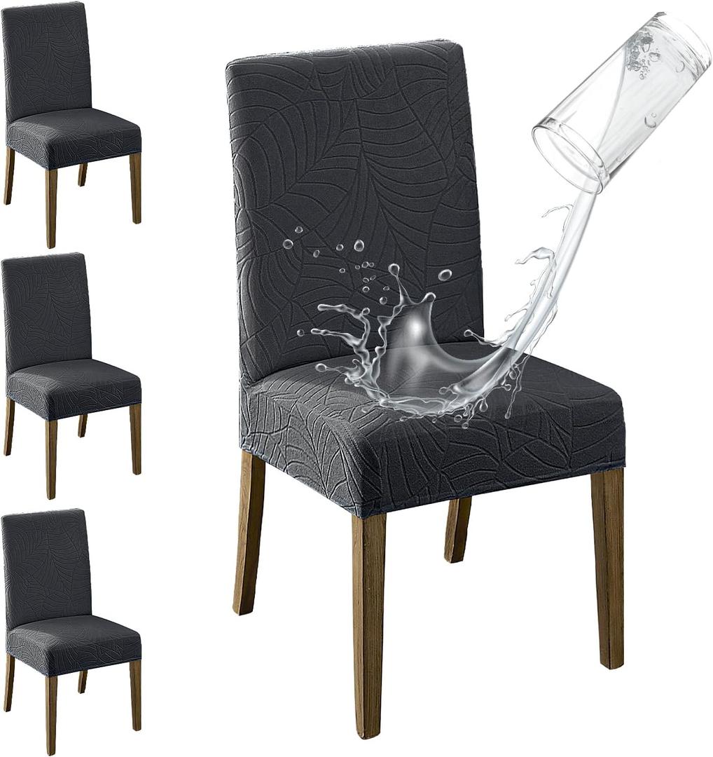 MOSAYT 100% Waterproof Dining Room Chair Covers Set of 4, Super Fit Stretch Jacquard Parson Chairs Slipcovers Removable Washable Chair Seat Protectors for Home, Kitchen, Banquet (Dark Grey)