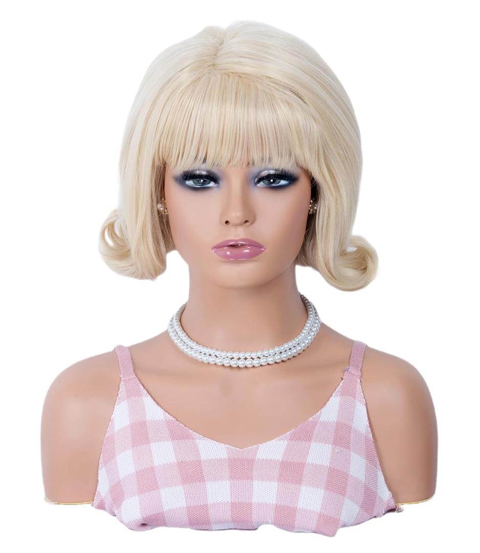 Blonde Wig for Women Gold Short Curly Retro Beehive Wig with Bangs 70's 80's Synthetic Costume Wig for Halloween,Cosplay,Daily Use
