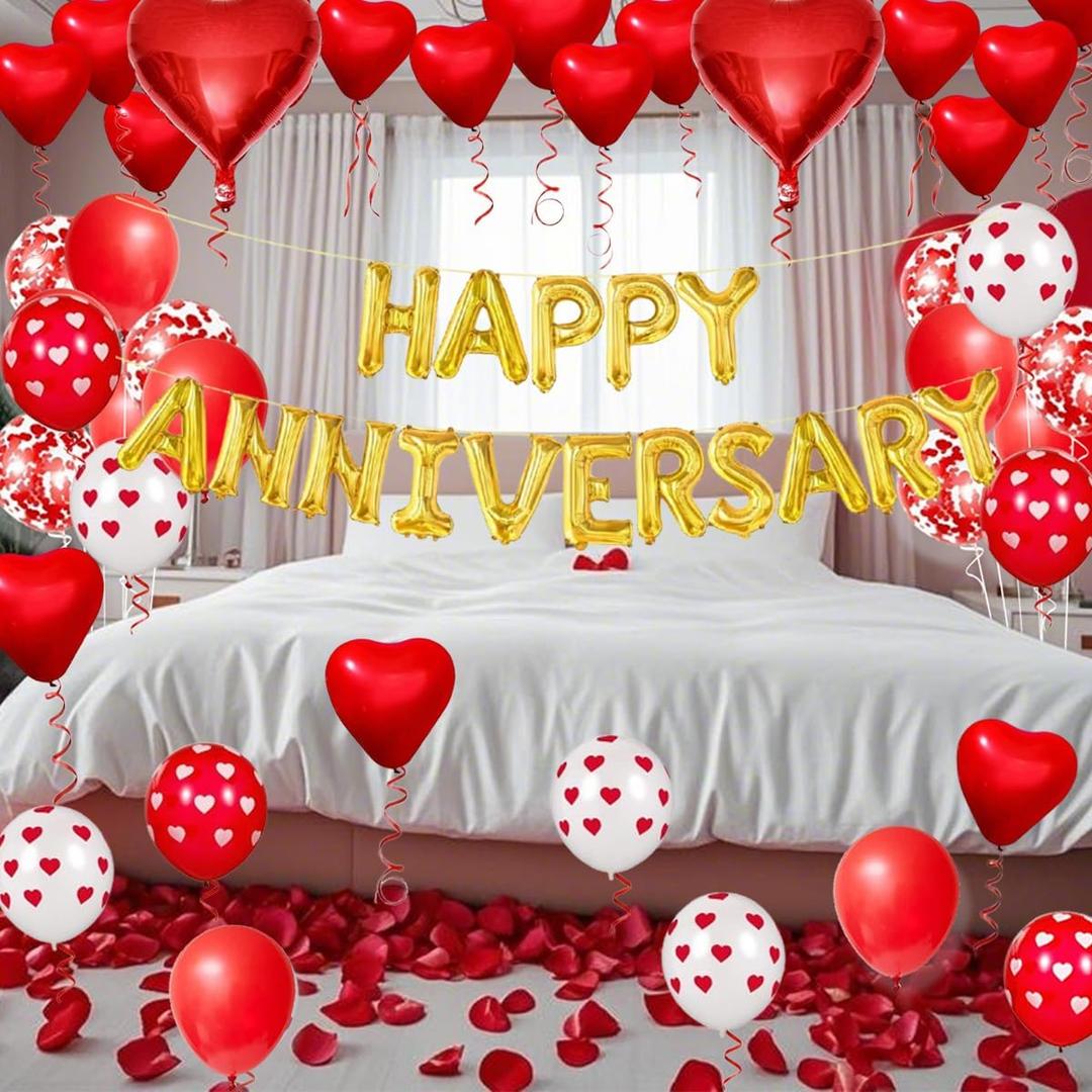 Happy Anniversary Decorations - 118PCS Anniversary Party Decorations Kit with 16" Happy Anniversary Letter Balloons 1000PCS Red Silk Rose Petals, Balloon Arch Garland, Red Heart Balloons