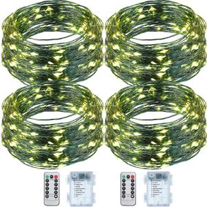 Fairy String Lights Battery Operated Green Wire LED Waterproof String Lights with Remote 8 Modes for Winter Tree Patio Garden Backyard Home Indoor Outdoor(33ft,Warm White,4 Pack)