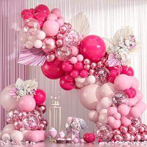 154pcs Pink Balloon Garland Arch Kit, 18 12 10 5inch Magenta Pastel Metallic Confetti Pink Balloons Different Sizes Pack for Wedding Baby shower Princess Birthday Party Decorations