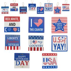 2 x vivimemo 8 Pcs 5x5 Inch Patriotic Wooden Hanging Signs, American Flag Themed Wall Decor for 4th of July, Veterans Day, USA Patriotic Party Decorations, Rustic Wood Signs for Home, Porch, Window Decor