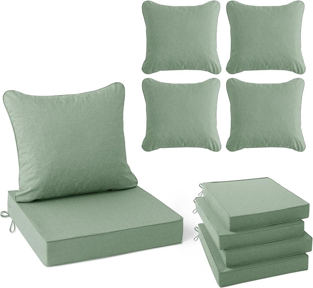 Summsun Outdoor Cushions for Patio Furniture, Faux Linen Water Resistant Backrest and Deep Seat Cushion Set with Removable Cover, Ties, Non-Slip Bottom, 22 x 22 Inch, Sage Green, Set of 4, 4P/22*22 + 22*20 Inch