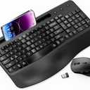 Wireless Keyboard and Mouse Ergonomic Combo, Moojay 2.4G Rechargable Full-Sized Quiet Wave Keyboard Silent Mice Set with Wrist Rest and Phone Holder for Computer, Laptop, PC, Mac, Windows - Black