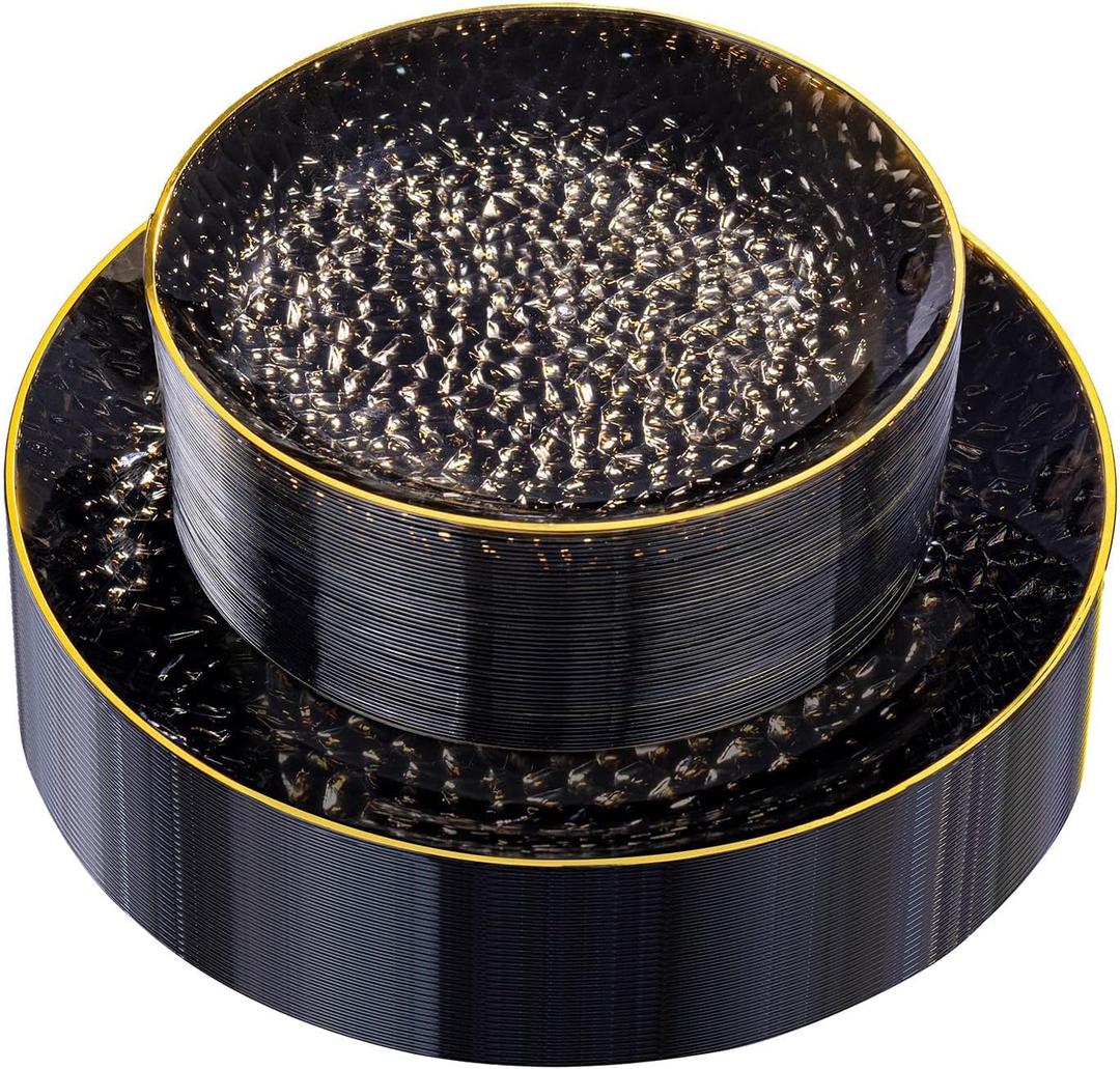 Rubtlamp 60Pcs Black Plastic Plates, Black Disposable Plates With Gold Rim, Clear Heavy-duty Party Plates, Hammered Plastic plates Include 30 Dessert Platos, 30 Dinner Platos for Party