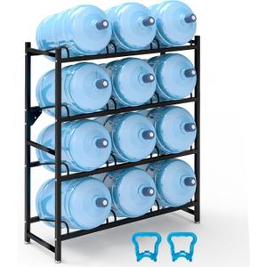 12-Tray 5 Gallon Water Jug Holder Heavy Duty, 4-Tier Wall Mount Water Bottle Rack, Powder Coated Steel, Black, 13"D x 36.7"W x 44.8"H, Home, Office, Restaurant, Gym