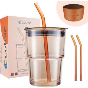 Iced Coffee Cup, 15 oz Glass Cups With Lids And Straws, Iced Coffee Glasses Tumbler, Thick Wall Mug For Tea Water With 2 Straws And Leather Sleeve, Glass Tumbler Gifts (Amber)