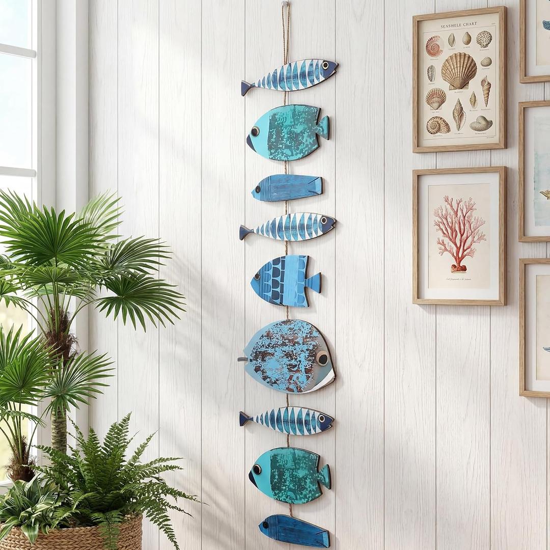 Novabright Wooden Fish Hanging Wall Decor Nautical Rustic Fishing Wood Sculpture Decorations Beach Coastal Theme Farmhouse Hanging Sign for Home Bathroom Bedroom Lake House(Blue)