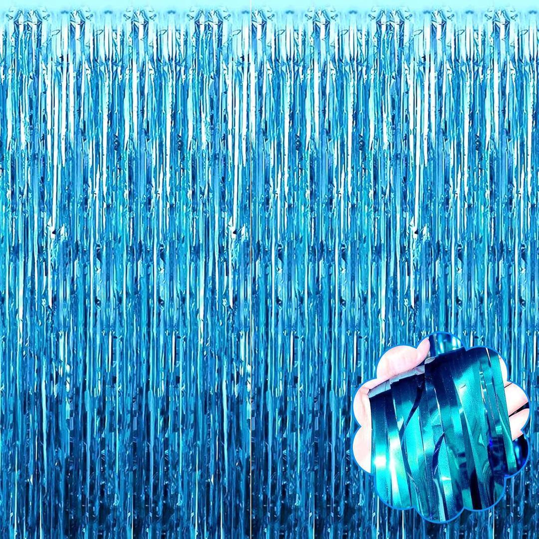 8 Pack Lake Blue Tinsel Foil Fringe Curtain Backdrop, 3.28Ft x 8.2Ft Metallic Streamers for Photo Booth, Birthday, Wedding, Thanksgiving Day, Christmas, Birthday, Halloween Party Decorations