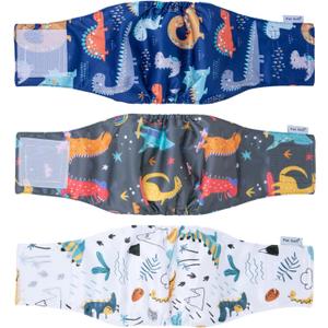 Pet Soft Dog Belly Band - 3 Packs Reusable Dog Diapers Male Doggy Diapers Wraps - Washable Dogs Belly Bands for Male Dogs (Dino, M) (Medium (12''-14''))