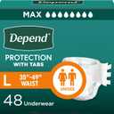 Depend Adult Diapers with Tabs, Incontinence Protection with Tabs, Unisex, Large (3549" Waist, over 170 lbs), Maximum Absorbency, 48 Count (3 Packs of 16)