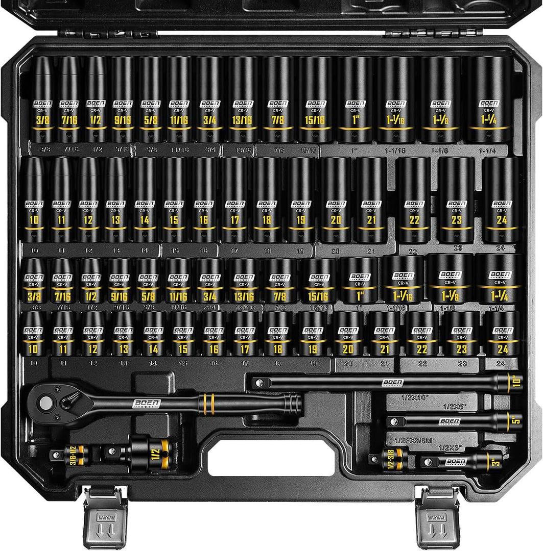 BOEN 1/2" Drive Impact Socket Set, 65-Piece Standard SAE (3/8" to 1-1/4") & Metric (10mm-24mm) Deep & Shallow Socket with Embossed Painted Marking, Includes Adapters, Ratchet Wrench, Extension Bars