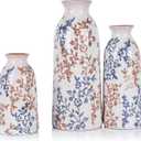 Blue & Brown Ceramic Decorative Vase Set of 3, Tuscan Rustic Pottery Vase, Farmhouse Table Pampas Grass Vases for Coffee Table Mantel Entryway Wedding Centerpiece, Vintage Floral Vases Tall 9.5in