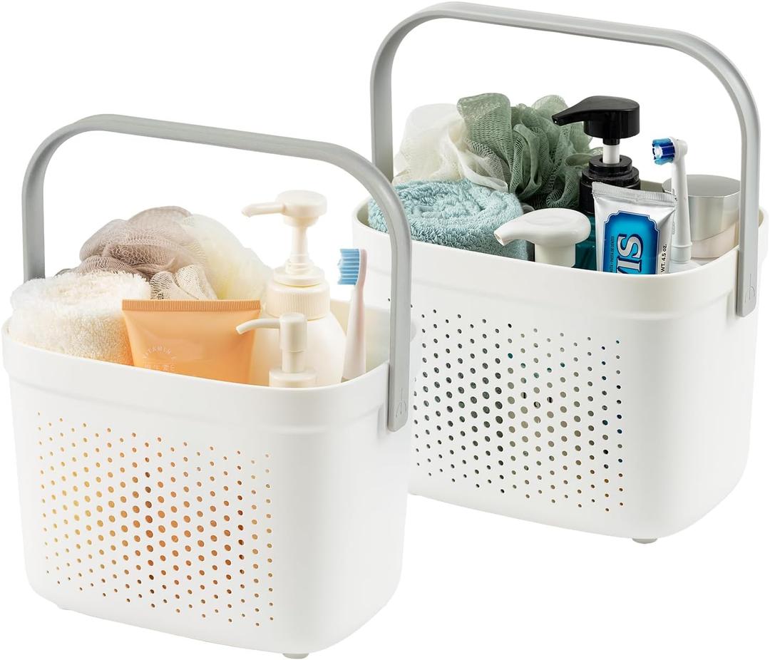 TAILI Portable Shower Caddy Basket Tote, 2 Pack Plastic Shower Basket with Handle, Dorm Room Essentials Toiletry Caddy for Dorm College Bathroom Cleaning Camping, Grey&White