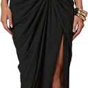 Floerns Women's Elegant Long Dress Asymmetrical Off Shoulder Ruched Slit Bodycon Cocktail Dresses (Black), XL