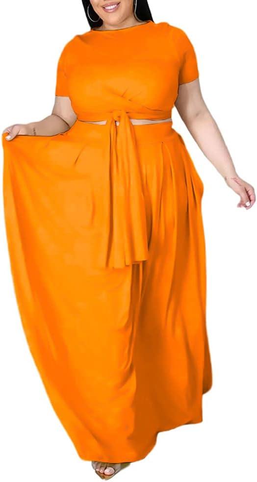 Ophestin Womens Plus Size 2 Piece Dress Outfits Solid Color Crop Top Maxi Skirts Set (XX-Large, Orange)