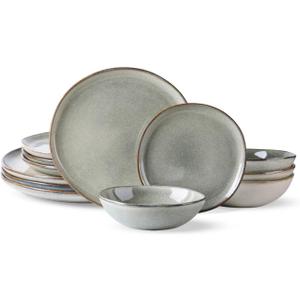 AmorArc Ceramic Dinnerware Sets,Handmade Reactive Glaze Stoneware Plates and Bowls Set,Highly Chip and Crack Resistant | Dishwasher & Microwave Safe Dishes Set,Service for 4 (12pc)