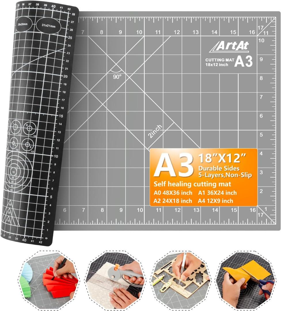 ArtAt Self Healing Cutting Mat: 12x 18 Black-Gray Eco-Craft Cutting Mat - 5-Layer Durable Anti-Blade-Wear Material for All Your Crafting Needs
