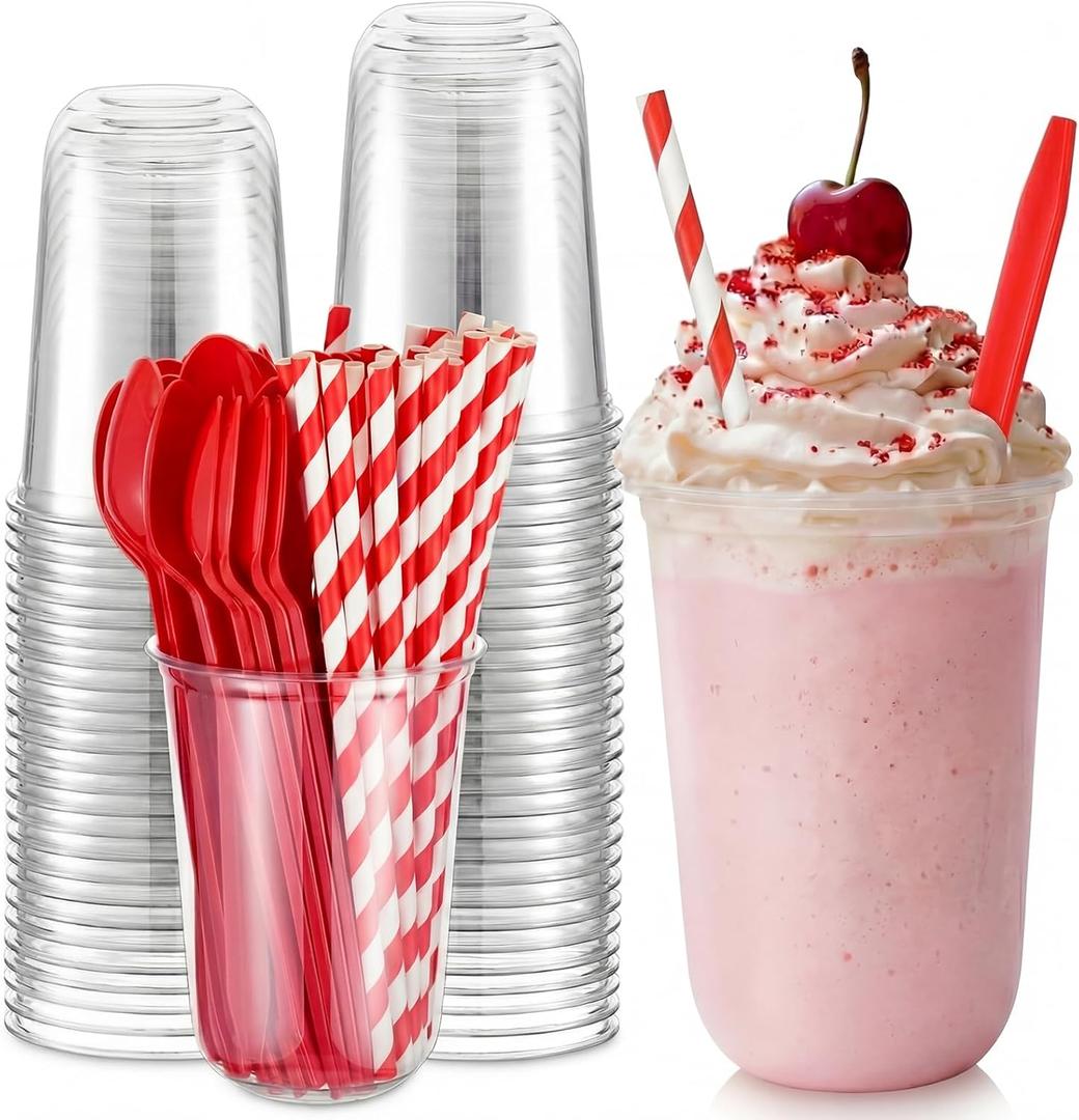 Baderke 25 Set Root Beer Float Cups with Red Plastic Soda Spoons and Paper Straws Plastic Parfait Cups Disposable Stemless Glasses for Milkshake Ice Cream Cocktail Yogurt Party Drinks (16oz)
