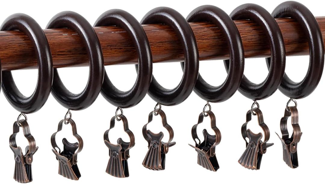 24 Pack Wooden Curtain Rod Rings with Clips, Farmhouse Retro Brown 1.77 Inch Inner Diameter for 1.3-1.5 Inch Curtain Rod Poles