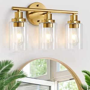 Watyo Bathroom Light Fixtures Gold Vanity Light 3 Light Wall Sconces Lighting Brushed Brass Lights with Clear Glass Shades Bath Wall Lamp for Mirror Kitchen
