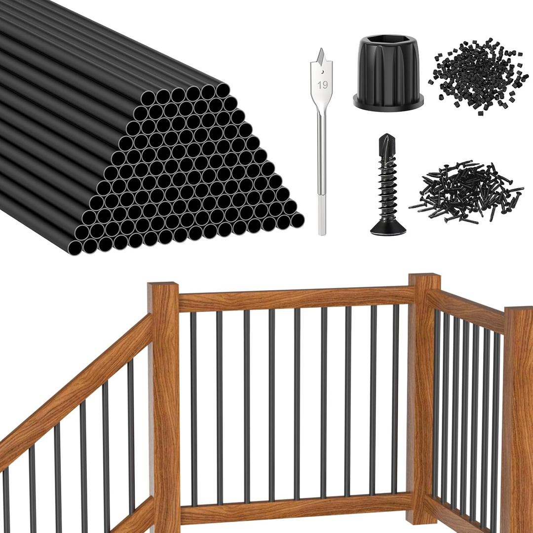 CKE 120 Pack 32" Round Aluminum Deck Balusters, 3/4" Diameter Hollow Round Black Aluminum Balusters for Deck Railing, Metal Deck Baluster Staircase Spindles with Screw/Connector for Railing Fencing R32