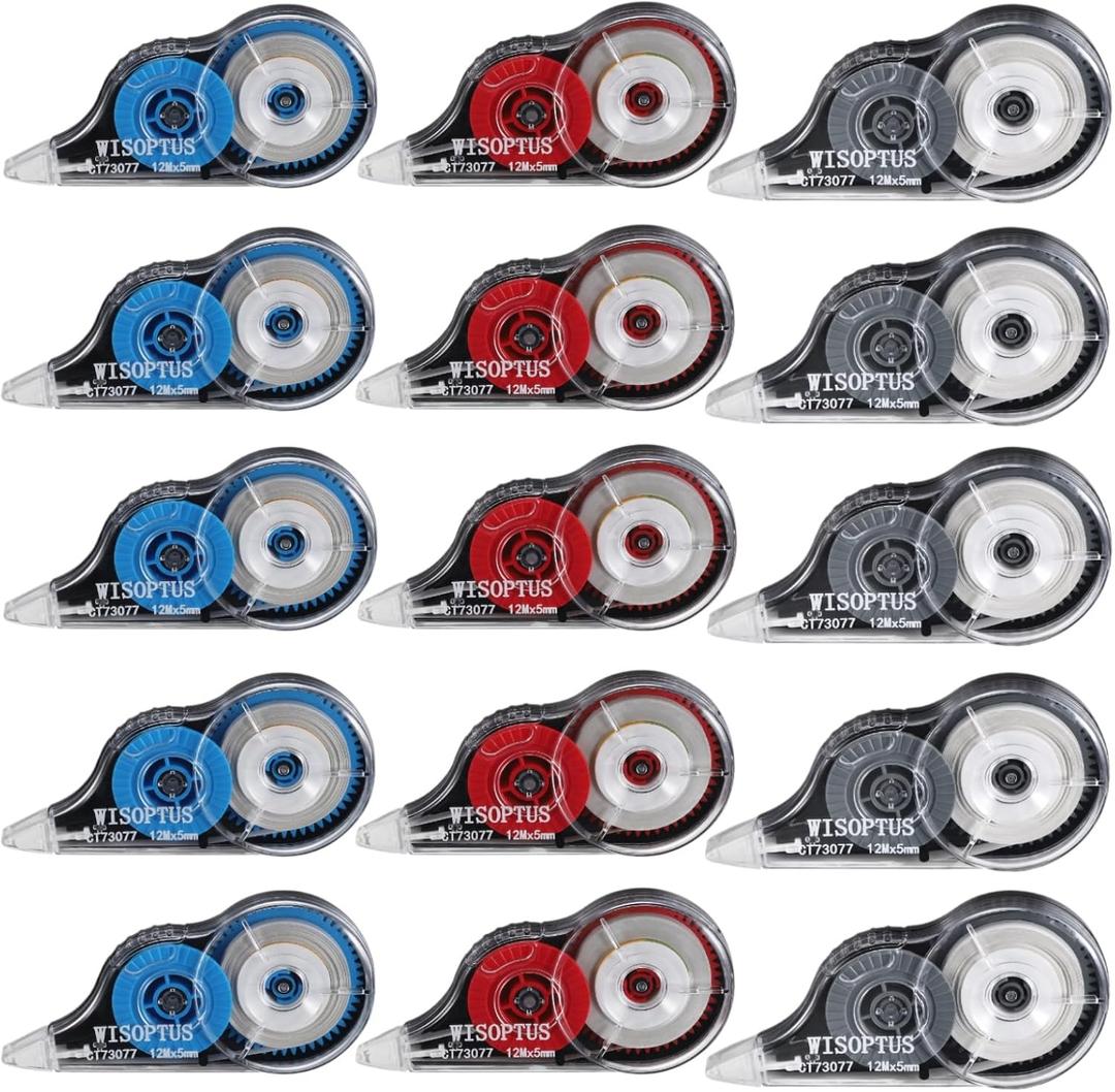 15PCS White Correction Tape with Dispenser, 39.37ft Each, Fast, Clean, Opaque and Easy to Use Tear-Resistant Correction Tape Bulk Office or School Supplies, Blue, Red, Gray