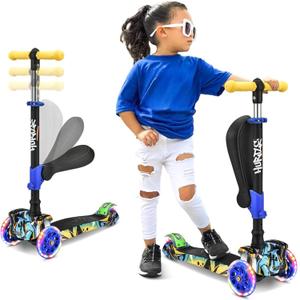 Hurtle 3-Wheeled Scooter for Kids - Wheel LED Lights, Adjustable Lean-to-Steer Handlebar, and Foldable Seat - Sit or Stand Ride with Brake for Boys and Girls Ages 1-14 Years Old (Graffiti)