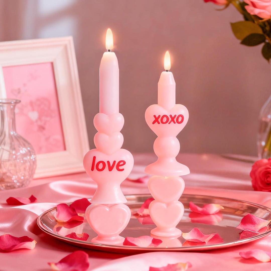 WDS WONDROUS Flameless Heart Candles Set of 2, Pink LED Valentine's Day Candles - Battery Operated Love & XOXO Heart Shaped Candle for Home Decor, Wedding, Gift for Her