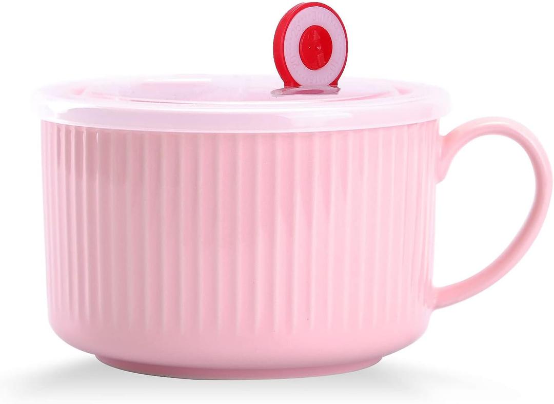 WHJY 30oz Ceramic Bowl with Lid and Handle for Soup and Instant Noodles Mug, Modern Simple Style, with Heat Preservation Handle - Pink