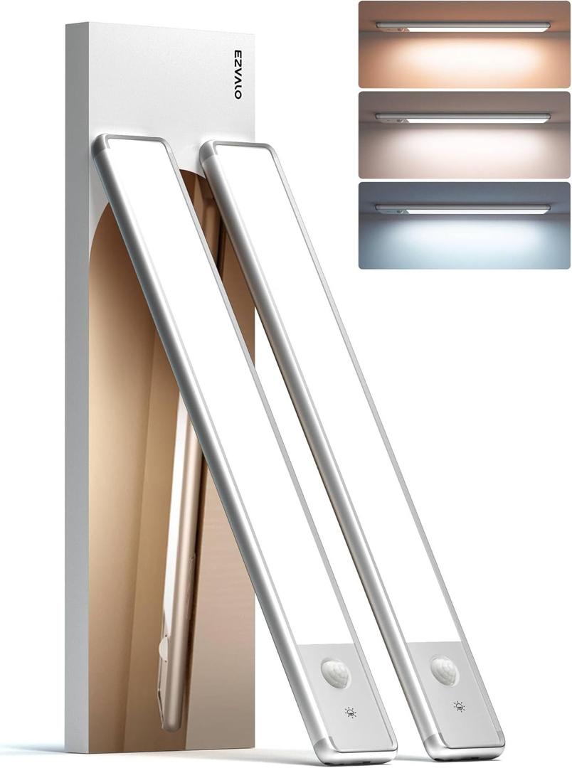 EZVALO Under Cabinet Lighting, 98 LED Rechargeable Motion Sensor Light Indoor, Magnetic Dimmable Closet Lights with 3 Color Temps, Wireless Under Counter Lights for Kitchen, Stairs(Silver, 2 Pack)