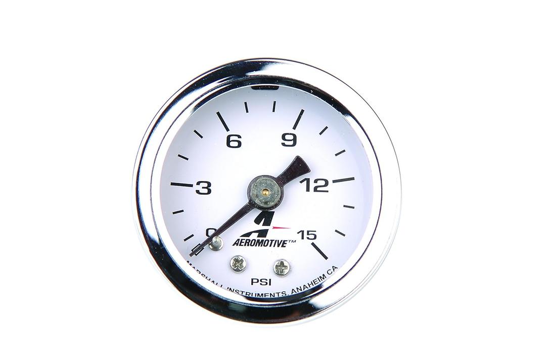 Aeromotive 15632 Fuel Pressure Gauge 0-15 PSI, 1/8" NPT, Liquid Filled, 1.5'' Diameter Dial