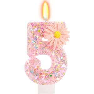 Pink Daisy Flower Number 5 Candle with Tray - 5th Birthday Decorations for Girls, 2.76 Inch Glitter Cake Topper for Princess & Garden Parties
