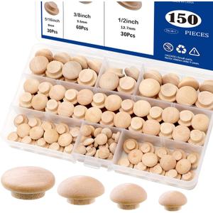 Tnisesm 150Pcs 4 Sizes Wood Plugs 3/16 Inch, 5/16 Inch, 3/8 Inch, 1/2 Inch Wooden Hole Plugs Button Plugs Hardwood Hole Plugs for Holes in Locking Hole Tube Furniture, Mushroom Head Shape