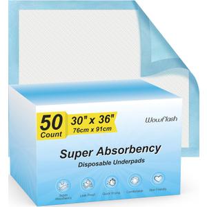 50 Count 30” x 36” Super Absorbency Disposable Underpads | Leakproof Quick Drying, Baby Puppy & Adults Bed Pads Disposable Adults, Dog Pee Pads Extra Large, XXL Incontinence Pads