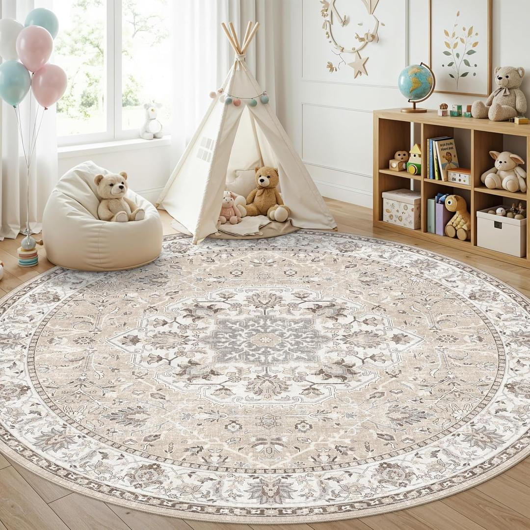 7x7 Living Room Area Rug: Washable Oriental Printed Soft Round Rug for Bedroom Besides Non-Slip Low-Pile Carpet for High-Traffic Area Indoor Stain Resistant Distressed Home Decor Mat(7Round,Beige)