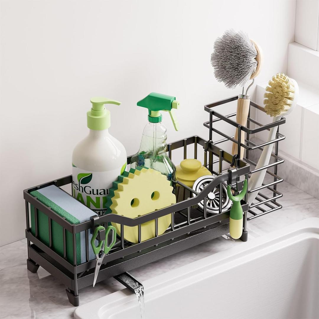 Sponge Holder for Kitchen Sink, Kitchen Sink Caddy with Long-Handled Dish Brushes Holder, 304 Rustproof Stainless Steel Countertop Organizers and Storage, Home Kitchen Sink Accessories(Black)