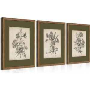 Vintage Floral Wall Art Set of 3, Sketch Sage Green Botanical Canvas Wall Decor Paintings, Retro Minimalist Flower Artwork Posters Prints Pictures for Living Room Bedroom Bathroom 16x24 Inch Framed