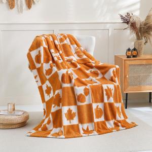SOCHOW Fall Decor Jacquard Throw Blanket, Fuzzy Soft Warm Pumpkin Maple Leaves Plaid Autumn Checkered Blanket for Couch, Sofa and Bed, 50 x 60 Inches, Orange/White