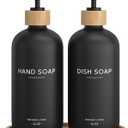 Hand and Dish Soap Dispenser Set,16oz Glass Bottles with Printed Labels, Bamboo Tray & Pump,Countertop Soap Dispensers for Kitchen,Luxury, Minimalist & Farmhouse Decor (Hand Dish (Black))