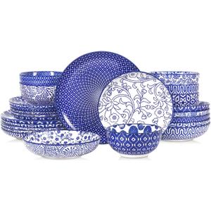 Selamica Ceramic Plates and Bowls Sets,24 Pieces Dinnerware Sets for 6,Scratch Resistant Dish Set for holiday gathering, Dishwasher & Microwave Safe, Vintage Blue