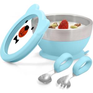 MR. CHOU Suction Baby Bowl Set with Spoon & Fork, Double-Wall 18/8 Stainless Steel Toddler Bowls with BPA Free Airtight Lids, Food Grade Infant Self-Feeding Bowl, First Stage Led Weaning Supplies Blue